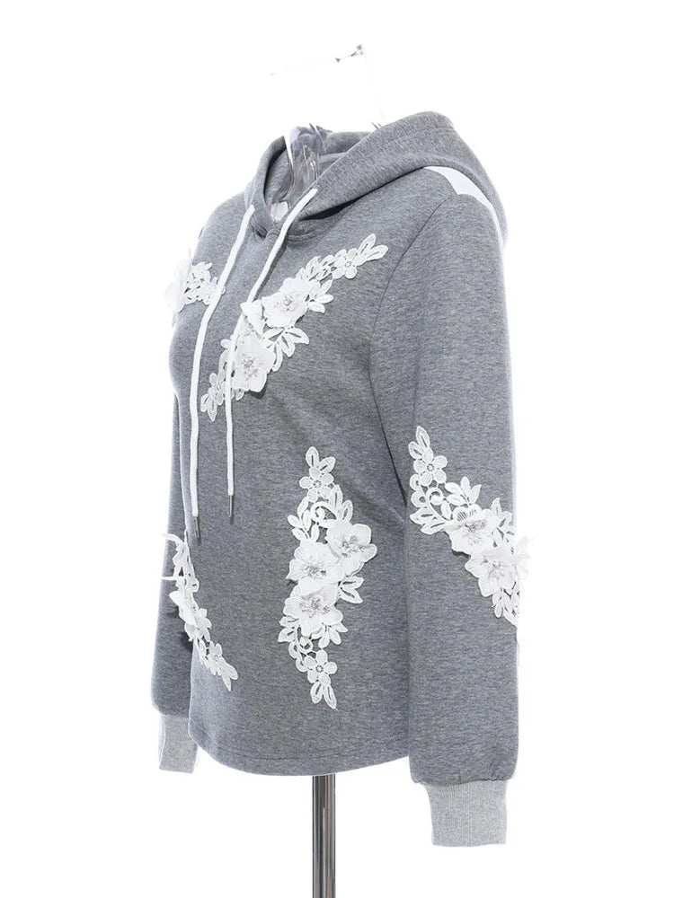Fashion Women's Hoodies Hooded Contract Color Lace Patchwork Long Sleeves Gray Sweatshirt Autumn
