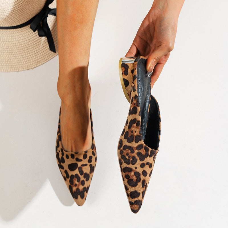 Leopard Chunky Slippers Designer Sandals Summer New Pointed Toe Shoes Brand Slides Dress Beach Flip-flops Women Slippers