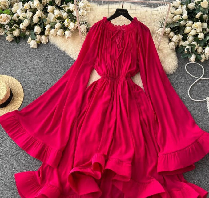 Flare sleeves with ruffled edges for a stylish waist slimming formal dress