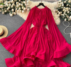 Flare sleeves with ruffled edges for a stylish waist slimming formal dress