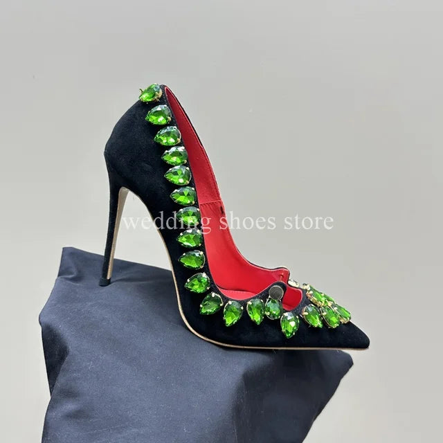 Rhinestone Heels Patent Leather Sexy Pointed Toe Shallow Mouth Black High Heels Luxury New Single Shoes Women Wedding Pumps