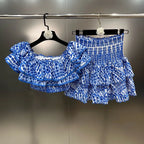 Embroidery Patchwork Two-piece Sets Summer New Square Collar Short Sleeve Ruffles T-shirt + Mini Skirts Elegant