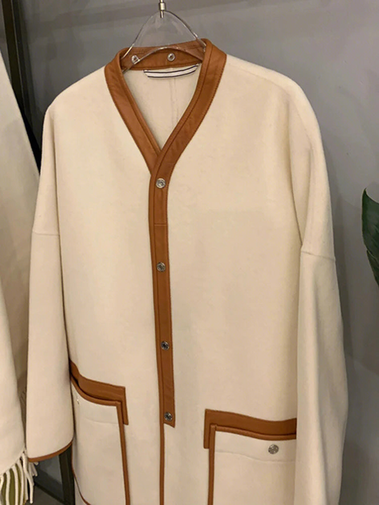 High End Double-sided Cashmere Woolen Overcoat For Women Korean Style Mid Length Loose Casual Contrast Coat Clothes