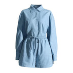 Solid Two Piece Sets For Women Lapel Long Sleeve Spliced Single Breasted Shirts High Waist Loose Shorts Casual Set Female