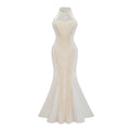 Elegant Beaded Fitted Formal Dress with Round Neck and Sleeveless Design for Company Gala Evening Gown with Train