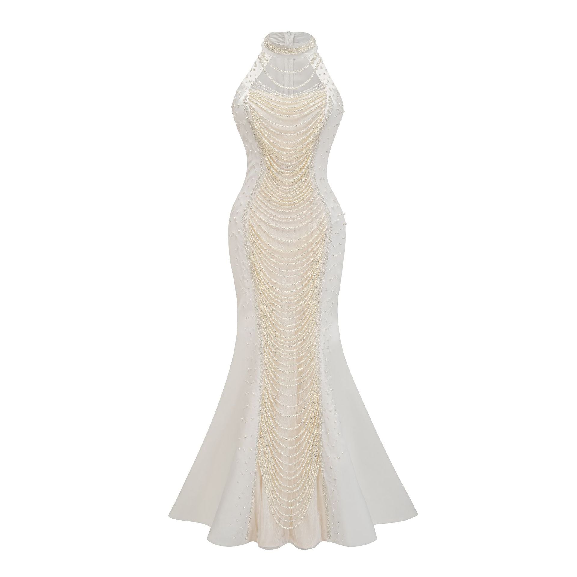 Elegant Beaded Fitted Formal Dress with Round Neck and Sleeveless Design for Company Gala Evening Gown with Train