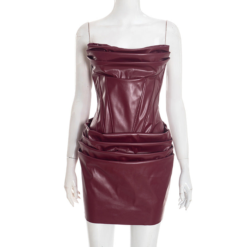 Women's Autumn Pure Color Sexy PU Pleated Corset Bustier A-Line Dress