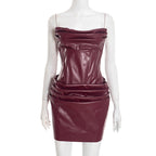 Women's Autumn Pure Color Sexy PU Pleated Corset Bustier A-Line Dress