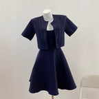 Belted Vintage Design Strap Dress + Short Sleeve Cardigan