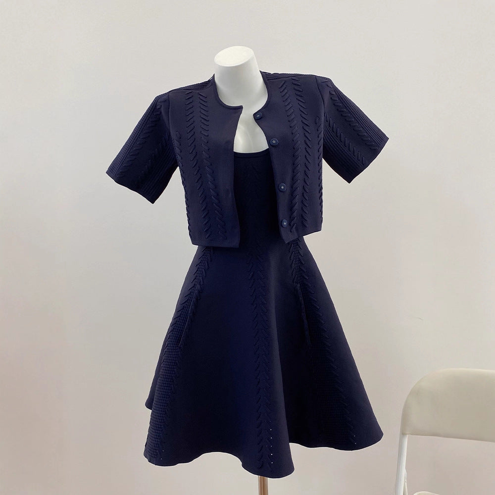 Belted Vintage Design Strap Dress + Short Sleeve Cardigan