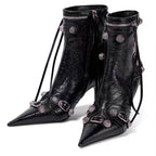 Women's Sexy High Heels Metal Buckle Luxury Shoes Fashion Pointed Toe Ankle Boots Black Stiletto Dress Party Short Boots