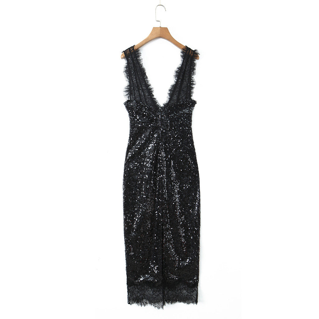 Light luxury style lace deep V-neck sequined dress