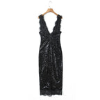 Light luxury style lace deep V-neck sequined dress
