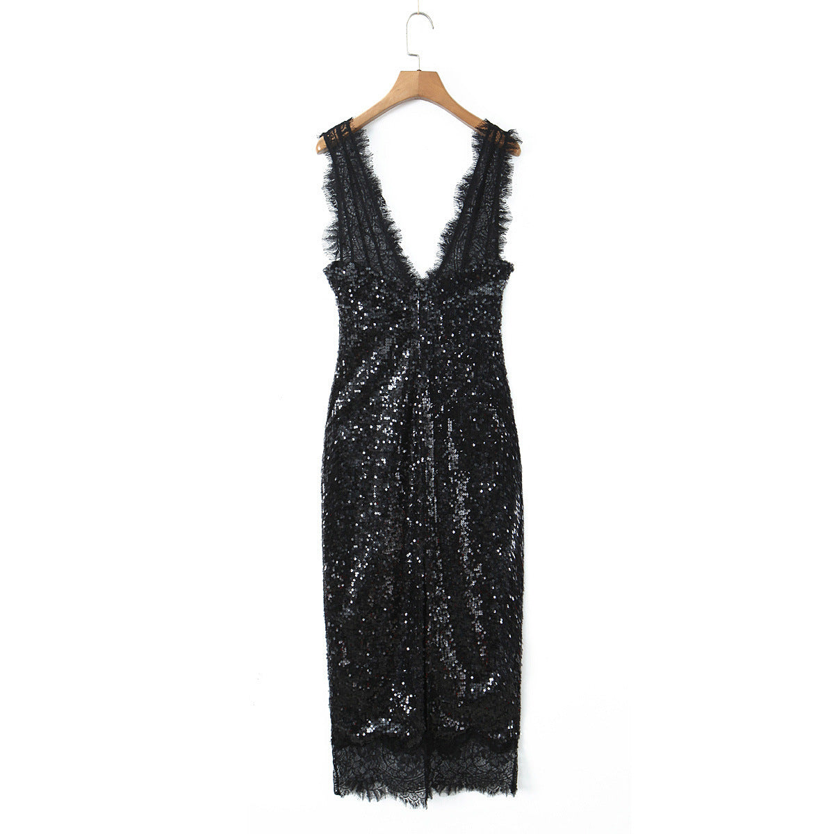Light luxury style lace deep V-neck sequined dress