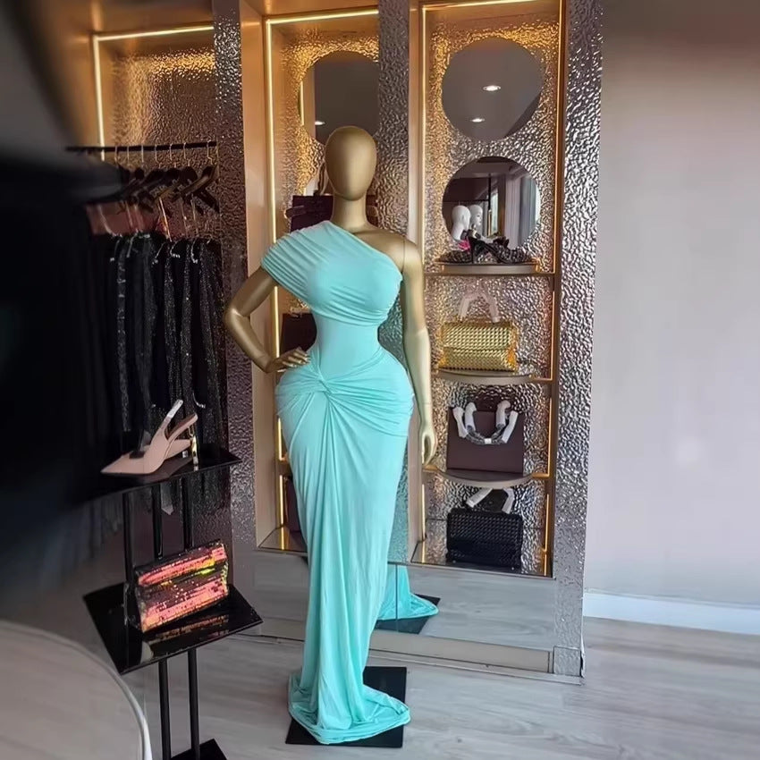 Elegant Sleeveless Asymmetrical Pleated High-Waisted Sexy Beach Long Dress Evening Gown