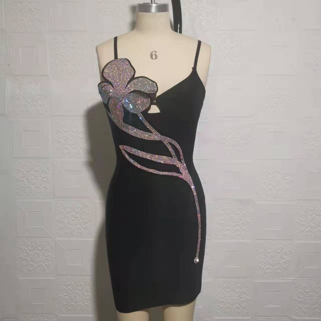 New Light Luxury Heavy Industry Hot Drill Slim Fit Hip Bandage Hot Girl Dress Suspenders Little Black Dress