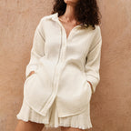 Cotton Gauze Shirt Women Hollow Design Long Sleeve Loungewear Blouse Loose Top Turn-Down Collar Air Conditioning Shirt