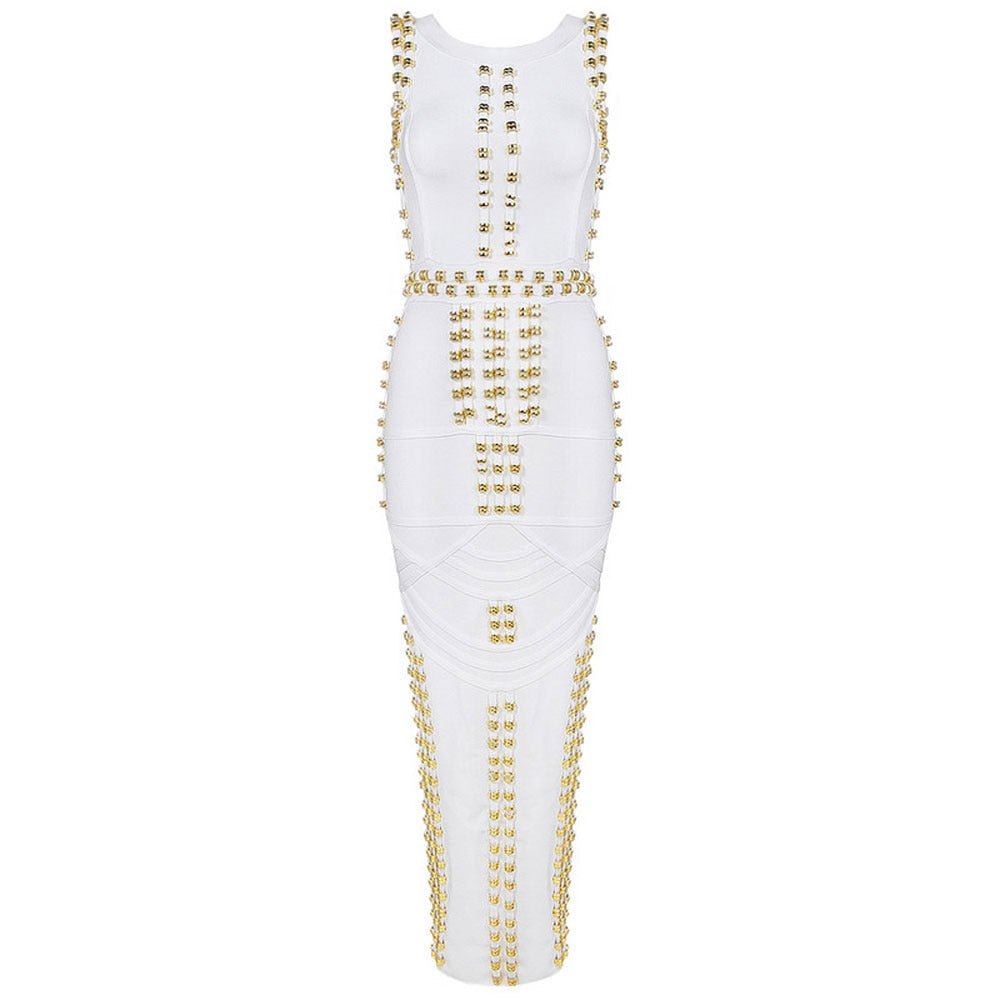 White Sleeveless Metal Ring Adorn Women's Bodycon New Fashion Midi Calf Bandage Dress