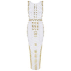 White Sleeveless Metal Ring Adorn Women's Bodycon New Fashion Midi Calf Bandage Dress