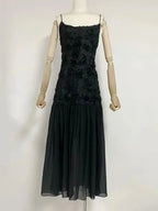 Summer New Women's Sexy Spaghetti Strap Sweet Three Dimensional Rose Flower Patchwork Chiffon Pleated Dress Long Dress