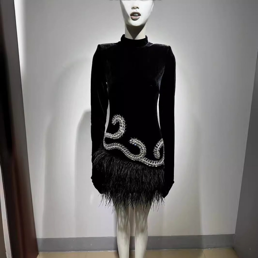 Diamond Feather Skirt Black Shoulder Padded Short Dress Fashionable Retro Banquet Performance Dress