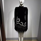 Diamond Feather Skirt Black Shoulder Padded Short Dress Fashionable Retro Banquet Performance Dress