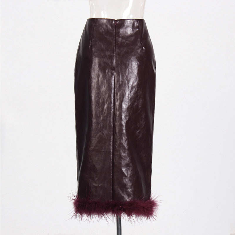 New retro patchwork feather split hip skirt for women