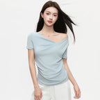 One-Cloth Three-Way Wear Asymmetrical Off-Shoulder Ruffled Neck Short Sleeve T-Shirt for Women