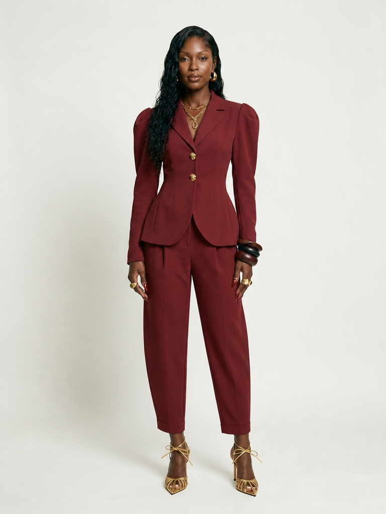 Confident Slim Puff Sleeve Pant Suit