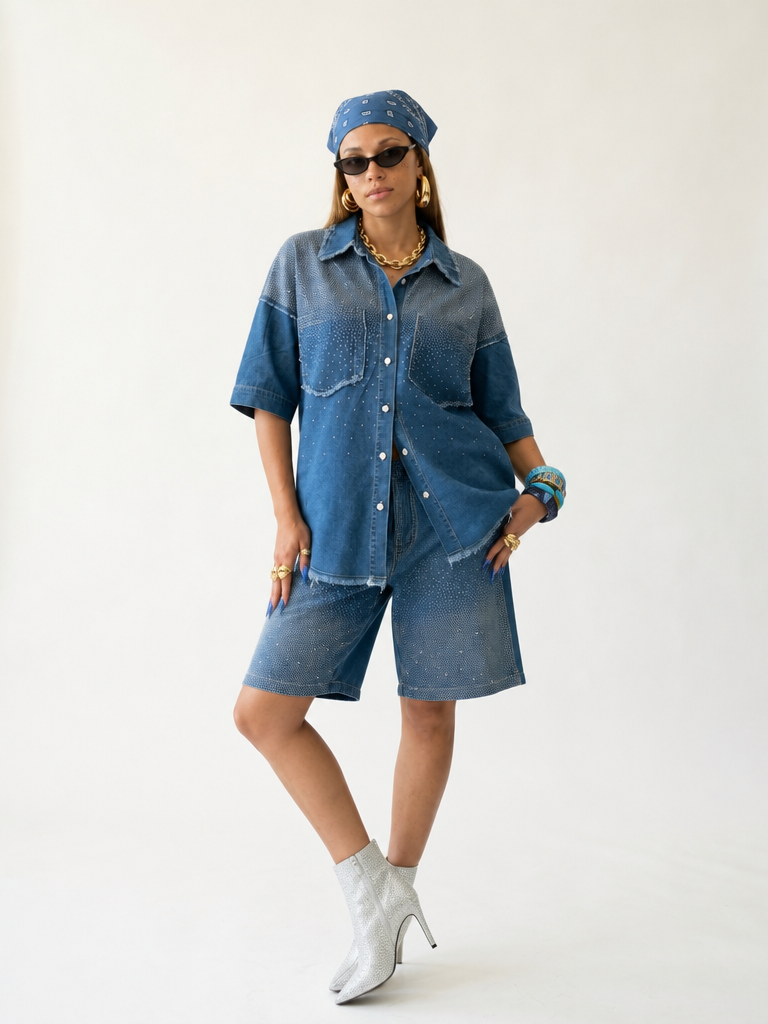 Vibrant Crystal Denim Two-Piece Set