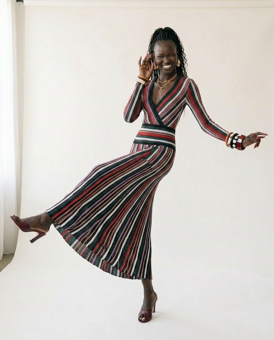 Vibrant Striped Knit Midi Dress-1