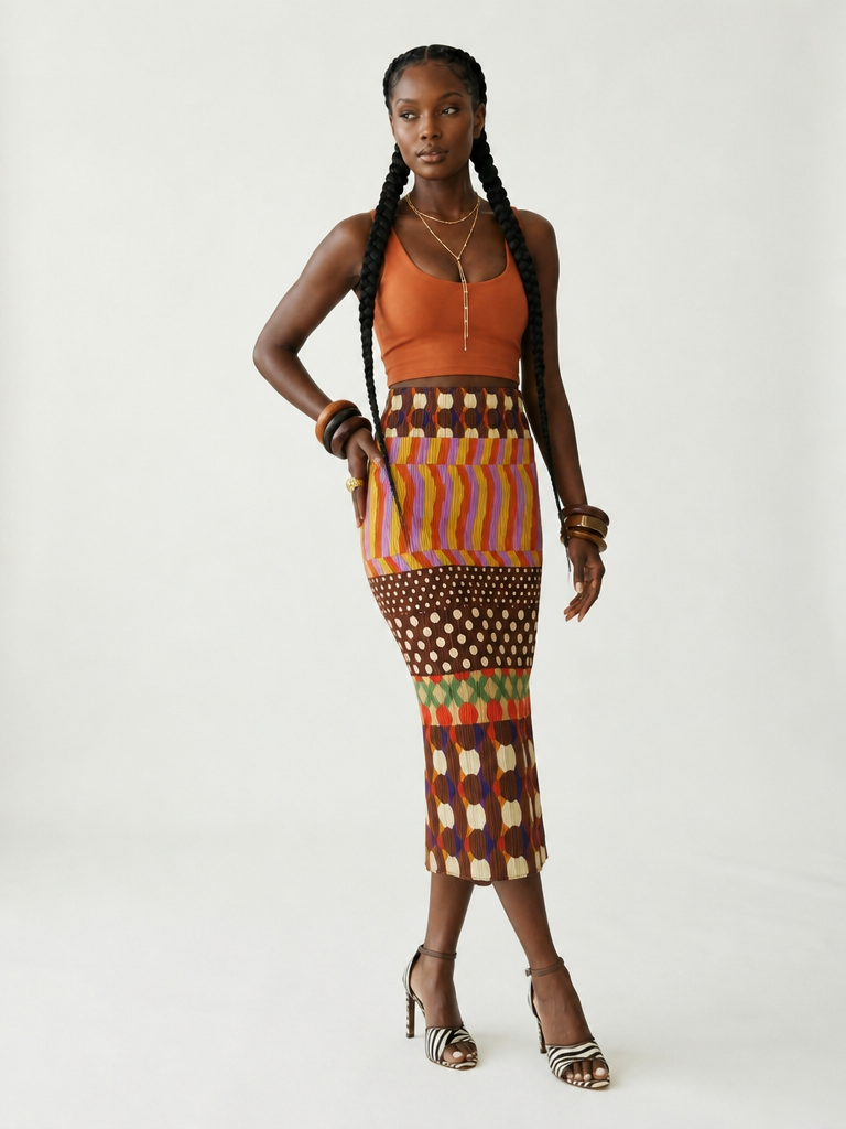 Spirited Pleated Geometric Midi Skirt