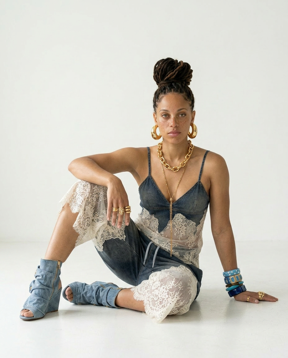 Audacious Denim Lace Two-Piece Set