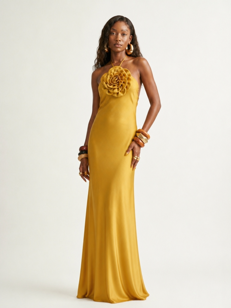 Radiant Gold Halter Maxi Dress