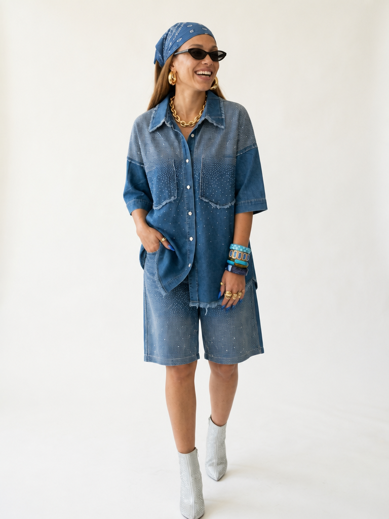 Vibrant Crystal Denim Two-Piece Set