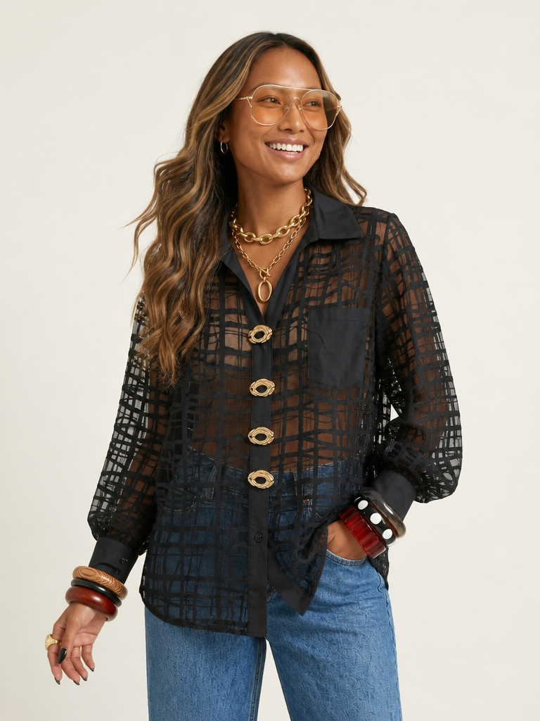Bold Mesh Plaid Blouse
