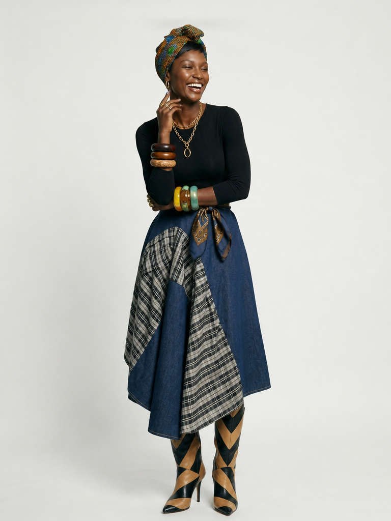 Unique Patchwork Denim Maxi Skirt