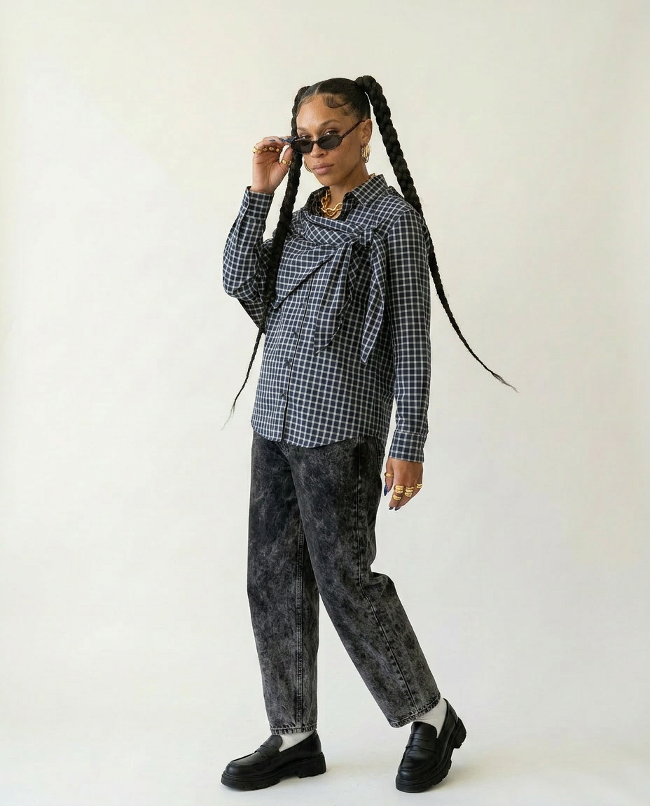 Unique Plaid Irregular Bow Blouse-1
