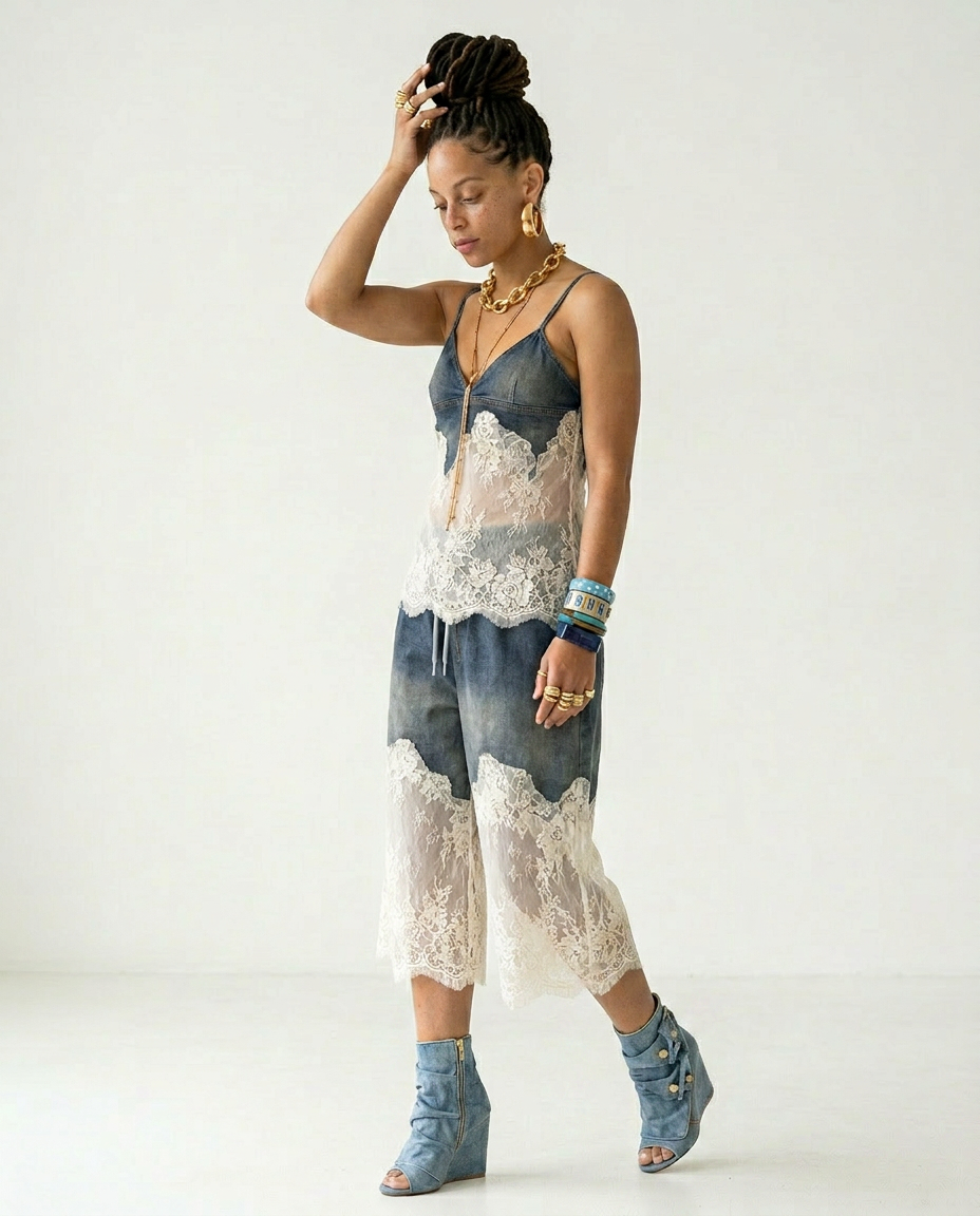 Audacious Denim Lace Two-Piece Set