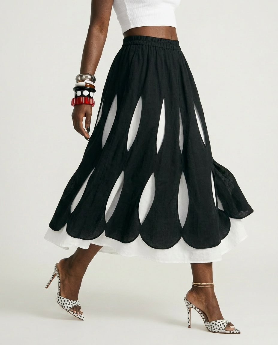 Unique Layered Hole-Design Maxi Skirt-1