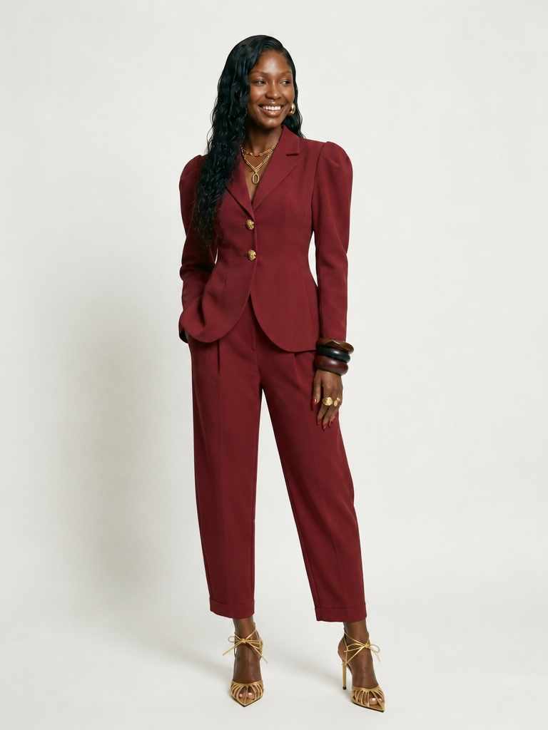 Confident Slim Puff Sleeve Pant Suit