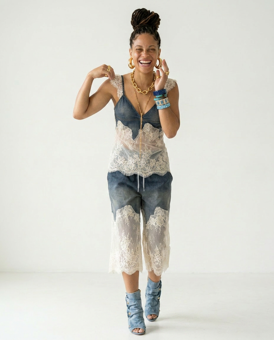 Audacious Denim Lace Two-Piece Set