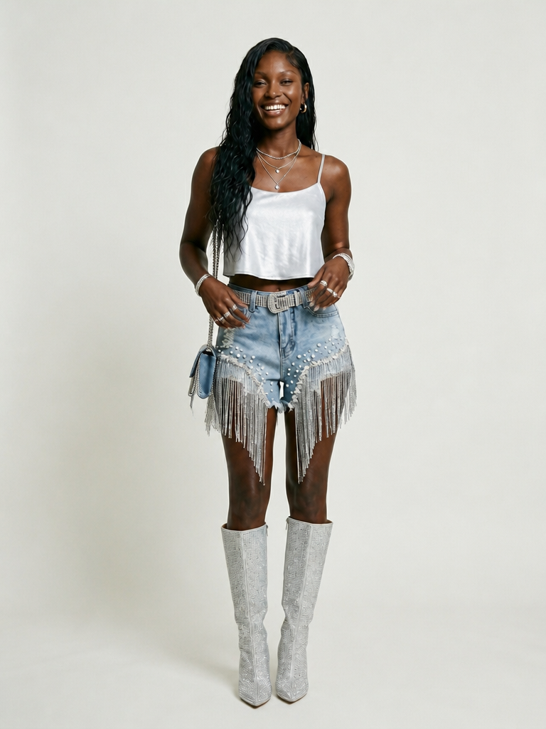 Radiant Beaded Tassel Denim Shorts