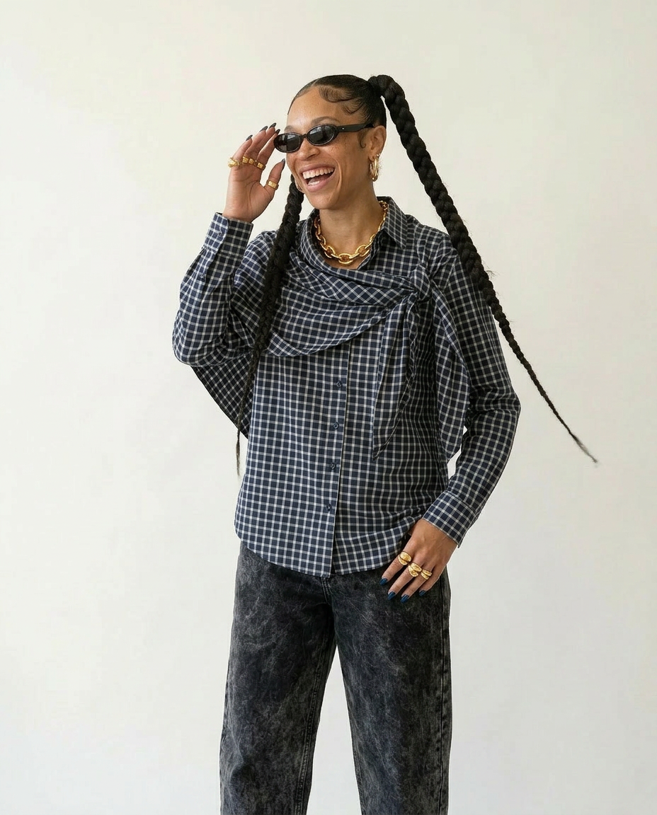 Unique Plaid Irregular Bow Blouse-0