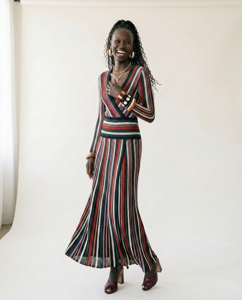 Vibrant Striped Knit Midi Dress-0