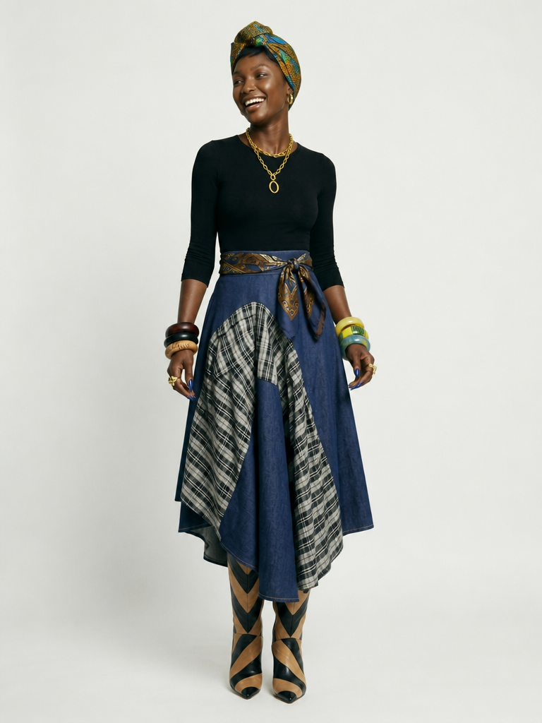 Unique Patchwork Denim Maxi Skirt