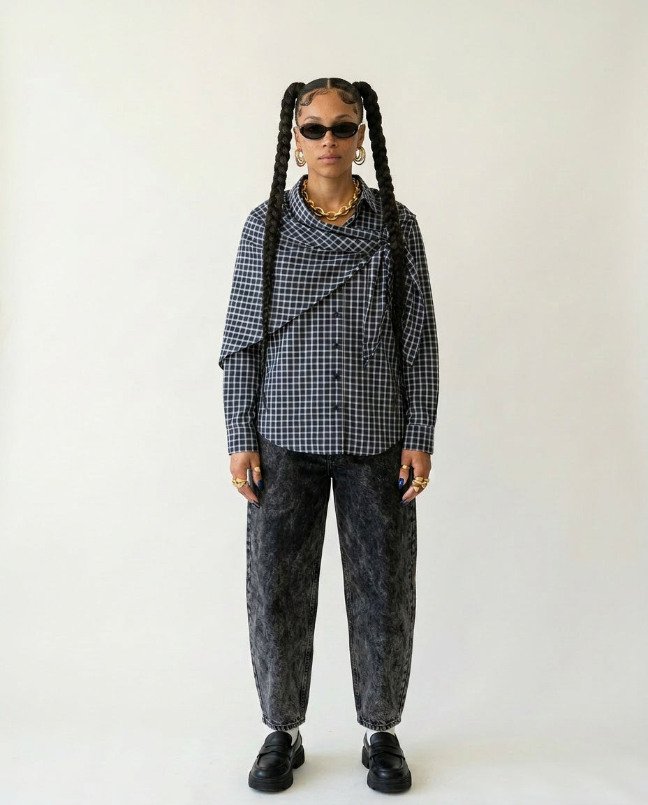 Unique Plaid Irregular Bow Blouse-2