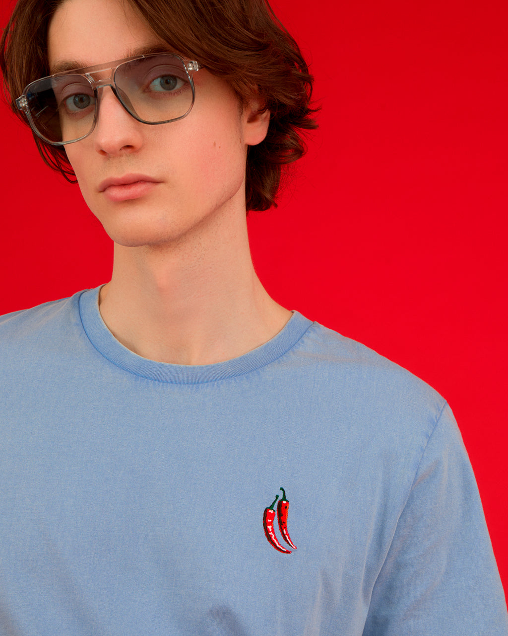 Chilli Embroidered Organic Cotton T-Shirt Blue