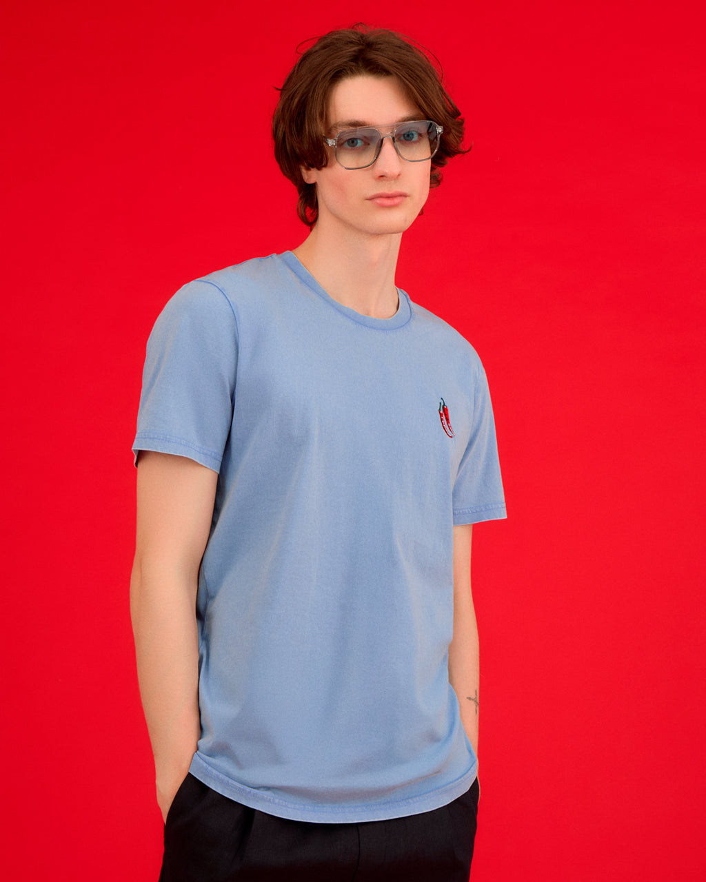 Chilli Embroidered Organic Cotton T-Shirt Blue