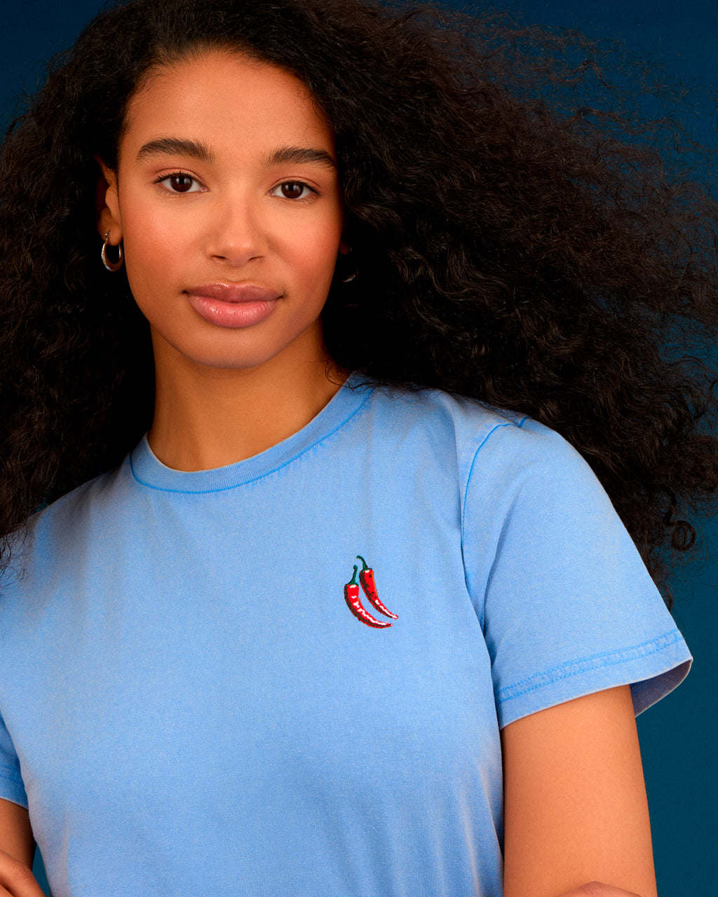 Chilli Embroidered Organic Cotton T-Shirt Blue